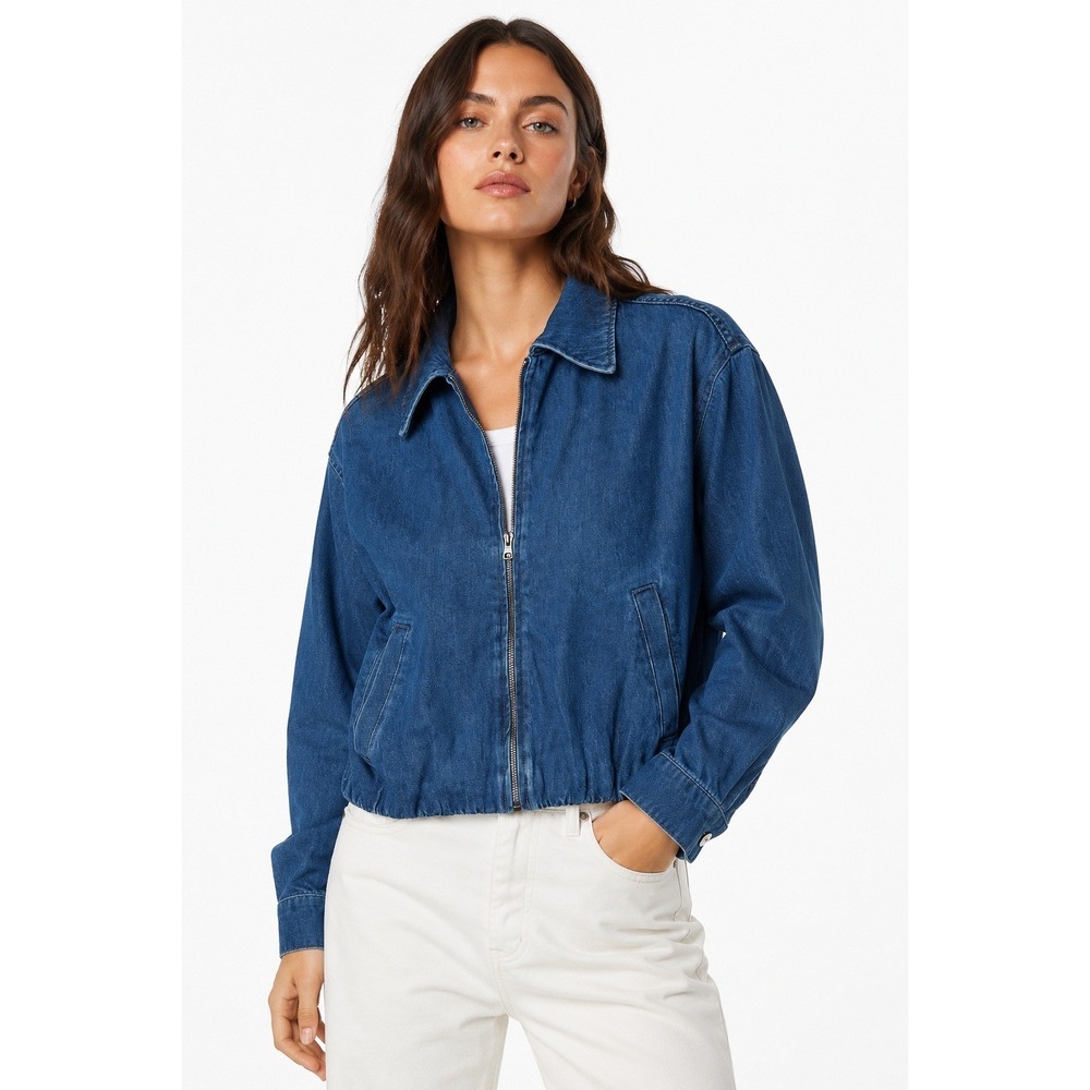 HM Womens Blue Oversized Denim Bomber Jacket Zip Front Cotton Size M NEW